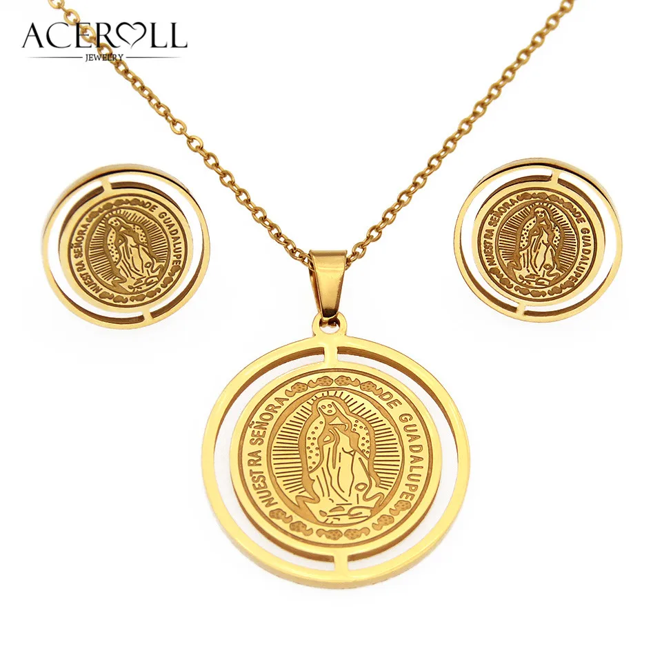 ACEROLL Steel Catholic Earring And Pendant Necklace With Round Medal Of Virgin Mary And Lady Of Guadalupe, Jewelry Set
ACEROLL Steel Catholic Earring And Pendant Necklace With Round Medal Of Virgin Mary And Lady Of Guadalupe, Jewelry Set