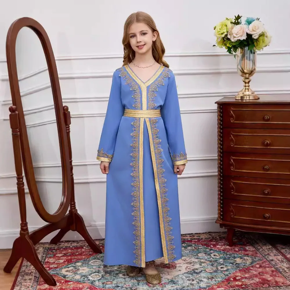 Middle Eastern Arab Girl's Abaya Dress with Belt - Dubai Style Lace Trim V-Neck Children's Robe
Middle Eastern Arab Girl's Abaya Dress with Belt - Dubai Style Lace Trim V-Neck Children's Robe