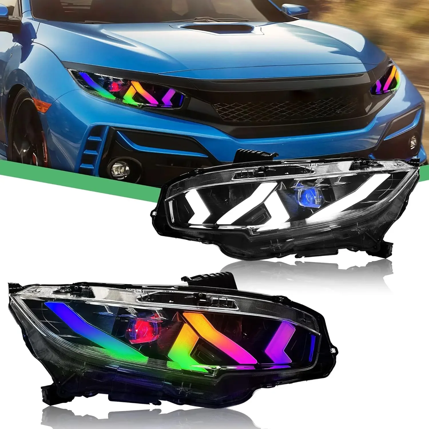 Светодиодные RGB фары для Honda Civic 10th Coupe Hatchback Sedan FK7 FK8 2016-2021 с разноцветным DRL последовательным указателем поворота
Светодиодные RGB фары для Honda Civic 10th Coupe Hatchback Sedan FK7 FK8 2016-2021 с разноцветным DRL последовательным указателем поворота