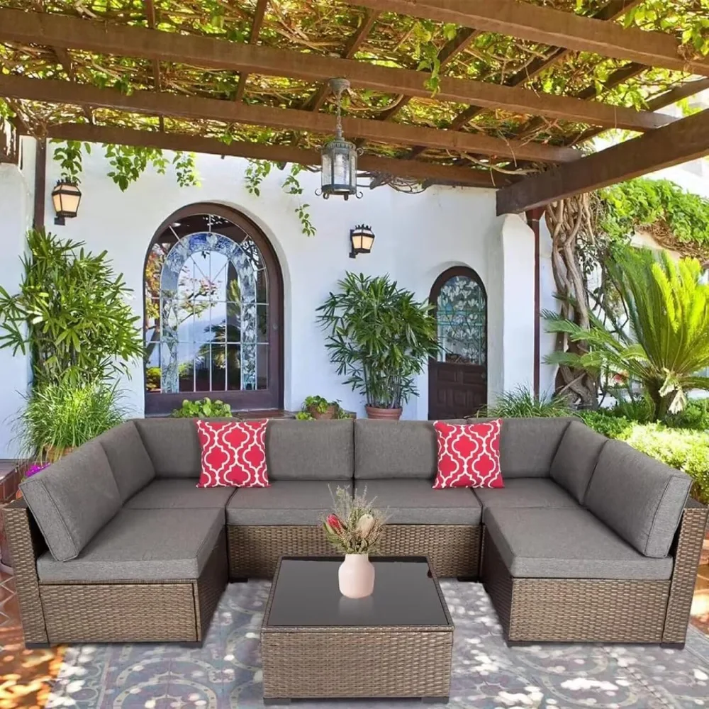 7 Piece Outdoor PE Wicker Furniture Set, Patio Rattan Sectional Sofa Couch with Washable Cushions,Glass Table
7 Piece Outdoor PE Wicker Furniture Set, Patio Rattan Sectional Sofa Couch with Washable Cushions,Glass Table