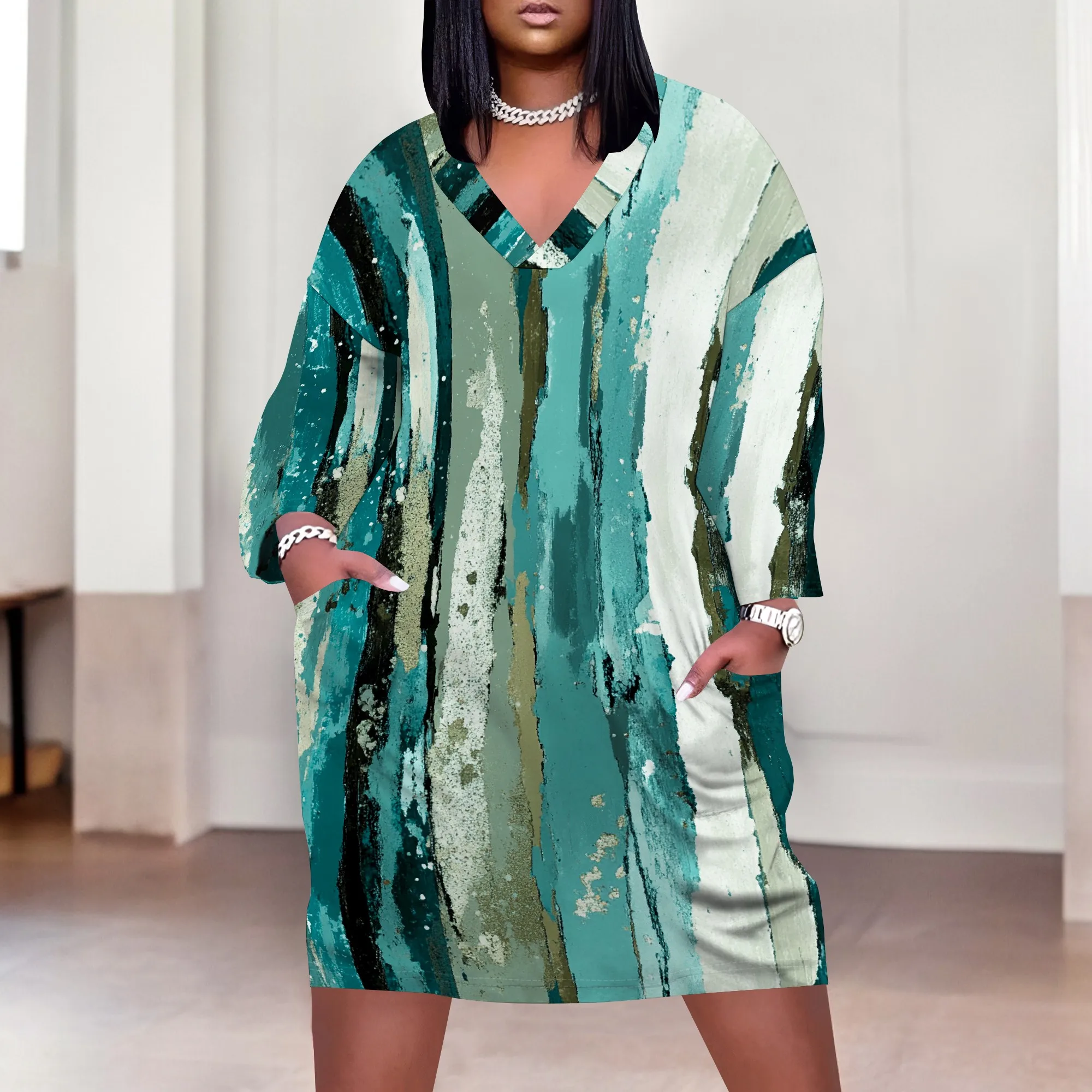 Plus Size Abstract Brushstroke Dress XL-6XL Oversized V-Neck Style with Pockets for Art Gallery or Casual Days
Plus Size Abstract Brushstroke Dress XL-6XL Oversized V-Neck Style with Pockets for Art Gallery or Casual Days