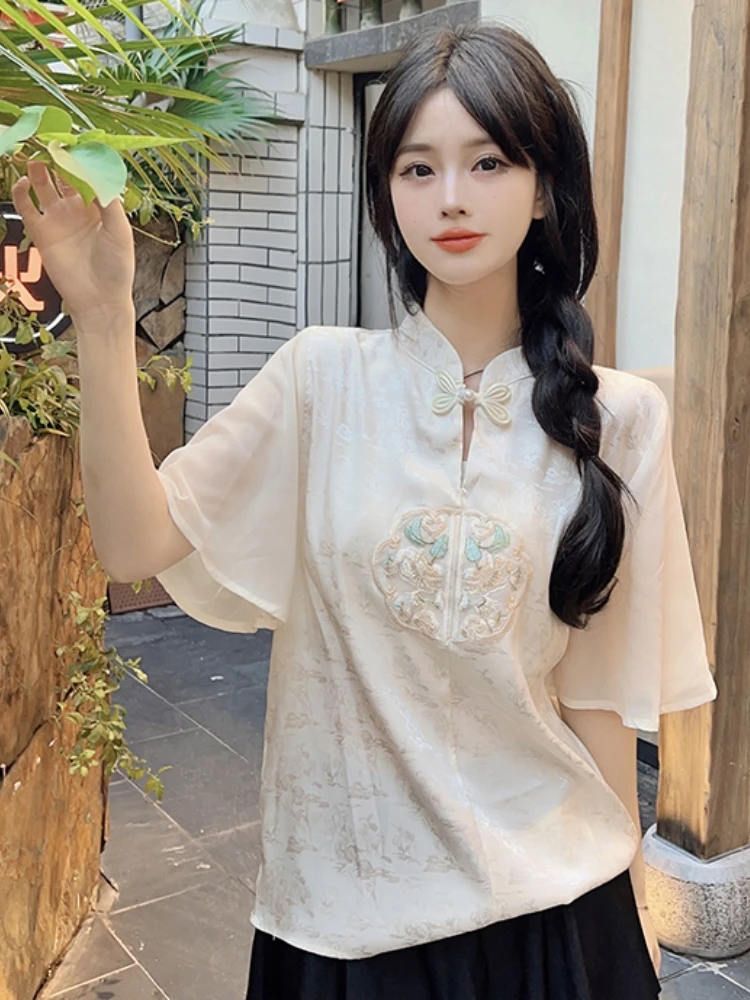 New Chinese Style Short Sleeve Shirt Women's Summer plus Size Fat MM Unique Zen Spirit National Style Embroidery Top
New Chinese Style Short Sleeve Shirt Women's Summer plus Size Fat MM Unique Zen Spirit National Style Embroidery Top