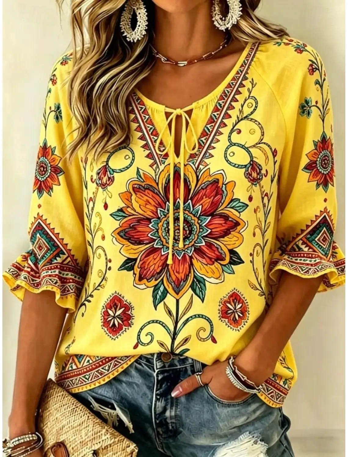 Women's Yellow Bohemian Floral Print Tie Neck Blouse, Casual Loose Tops for Spring Summer Daily Wear & Vacation Occasions
Women's Yellow Bohemian Floral Print Tie Neck Blouse, Casual Loose Tops for Spring Summer Daily Wear & Vacation Occasions