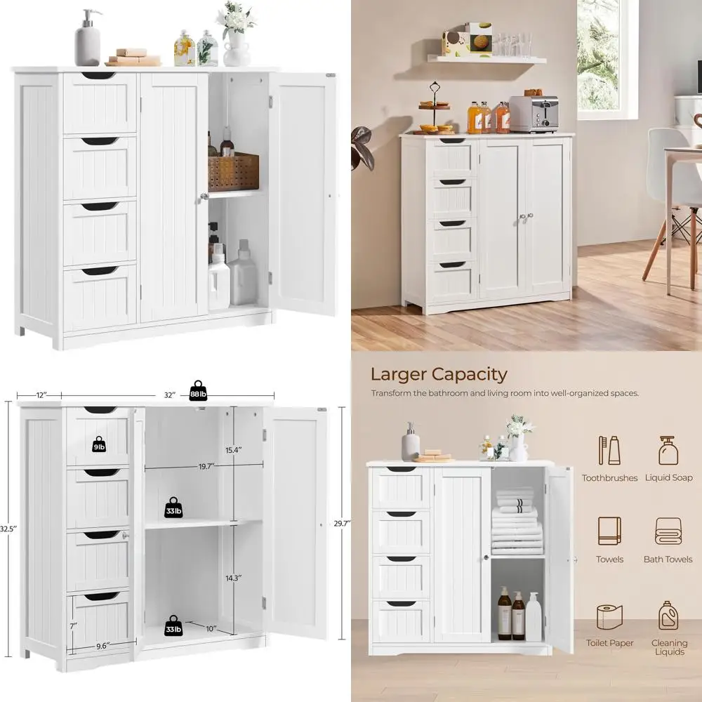White Wooden Bathroom Floor Cabinet with 4 Drawers and Double Doors, Freestanding Entryway Storage Unit
White Wooden Bathroom Floor Cabinet with 4 Drawers and Double Doors, Freestanding Entryway Storage Unit