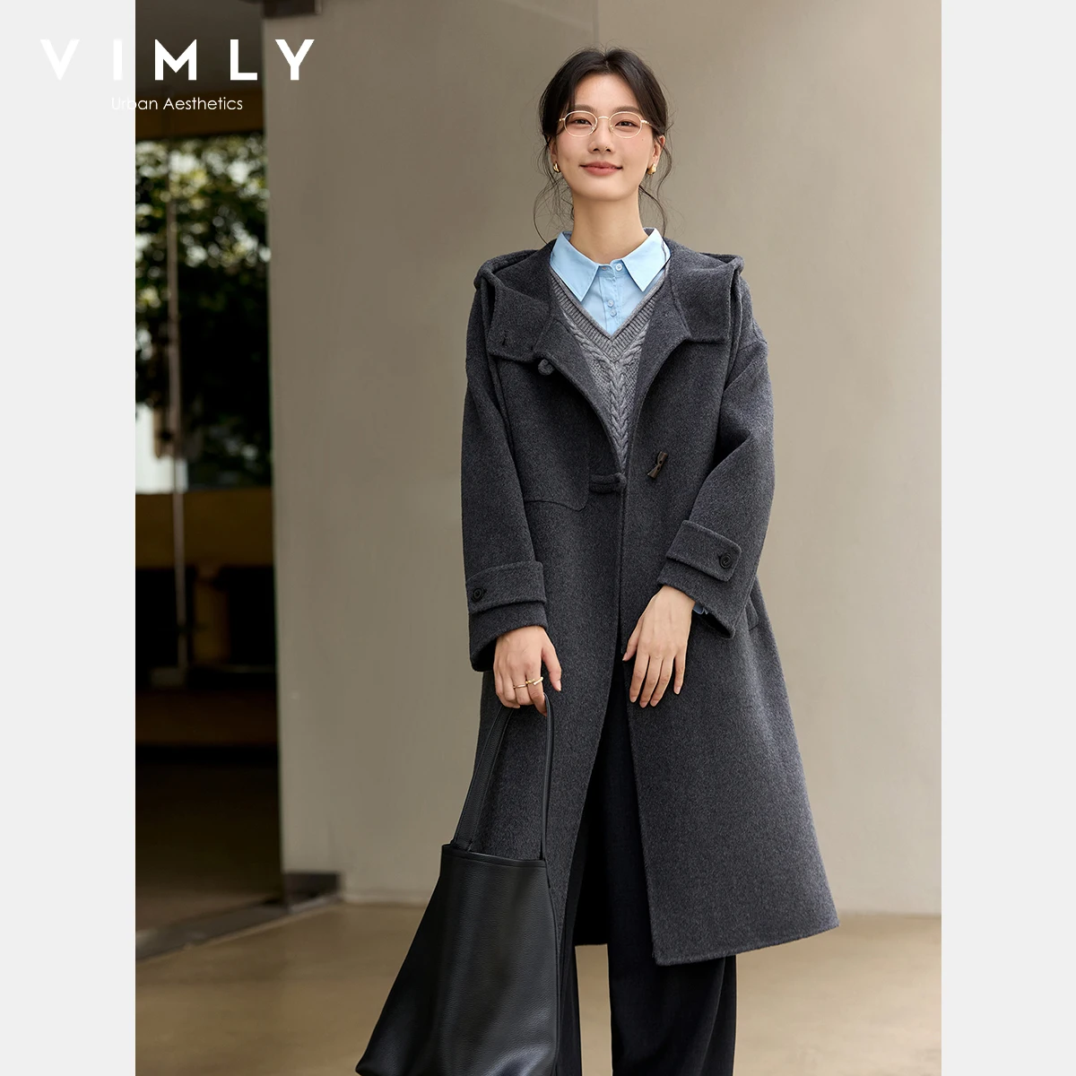 VIMLY женские зимние серые пальто 2025 в консервативном стиле, шерстяная длинная куртка с капюшоном, женские повседневные прямые пальто на пуговицах 50869 
VIMLY женские зимние серые пальто 2025 в консервативном стиле, шерстяная длинная куртка с капюшоном, женские повседневные прямые пальто на пуговицах 50869