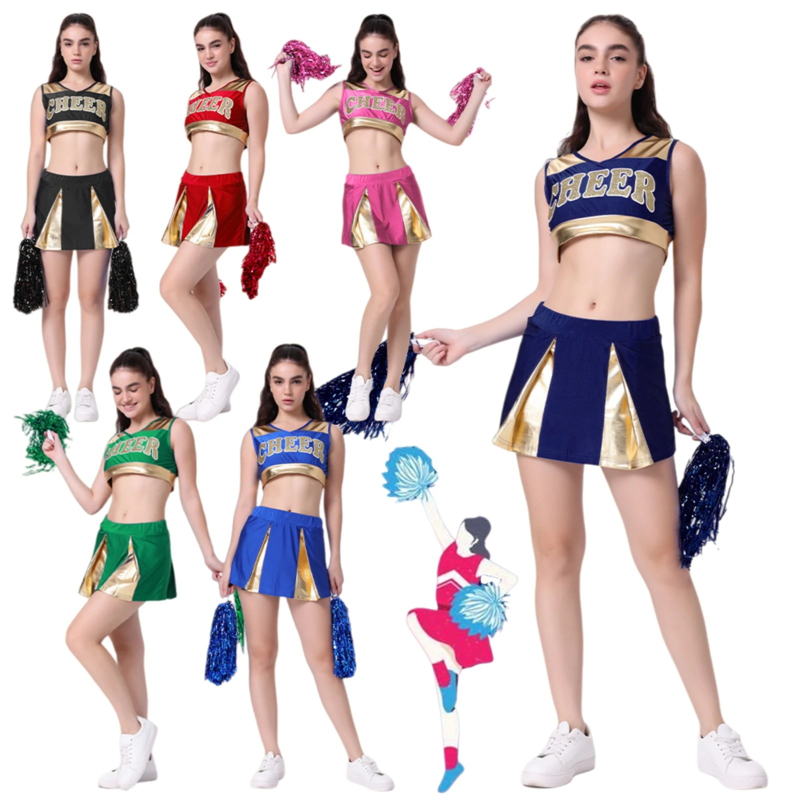 Womens Cheerleader Cosplay Costume Cheer Dance Outfits Schoolgirl Cheering Team Uniform Dress + Flower Balls Dancing Sets
Womens Cheerleader Cosplay Costume Cheer Dance Outfits Schoolgirl Cheering Team Uniform Dress + Flower Balls Dancing Sets