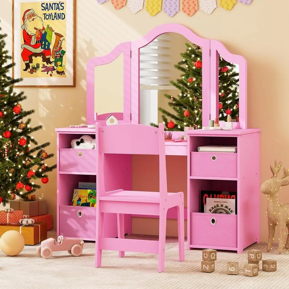 2-in-1 Toddler Makeup Desk & Chair Set with Tri-Fold Mirror, Storage Bins, Wooden Vanity Table for Little Girls (Pink)
2-in-1 Toddler Makeup Desk & Chair Set with Tri-Fold Mirror, Storage Bins, Wooden Vanity Table for Little Girls (Pink)