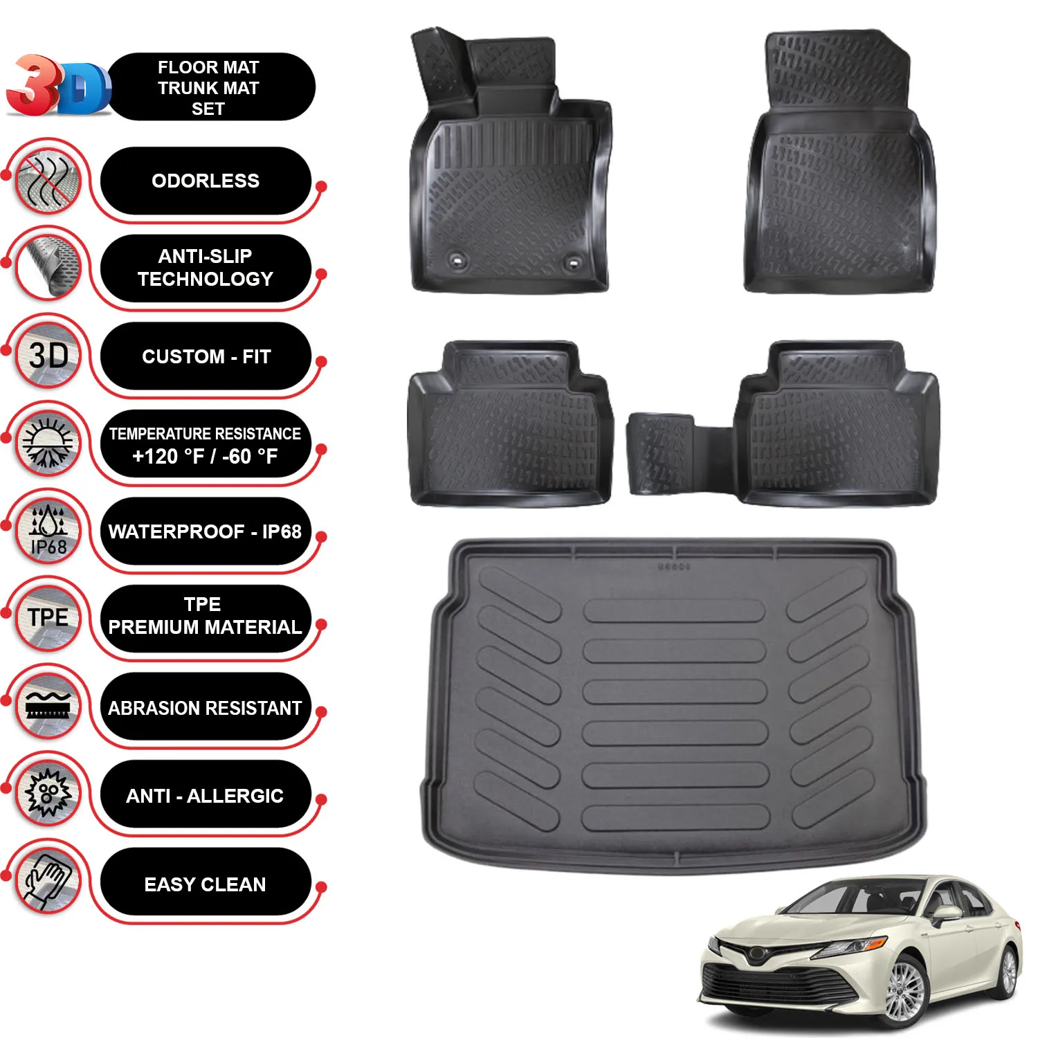 Toyota Camry Hybrid - (2019-2022) - Floor Mats + Cargo Trunk Liner - SET - (Black)
Toyota Camry Hybrid - (2019-2022) - Floor Mats + Cargo Trunk Liner - SET - (Black)