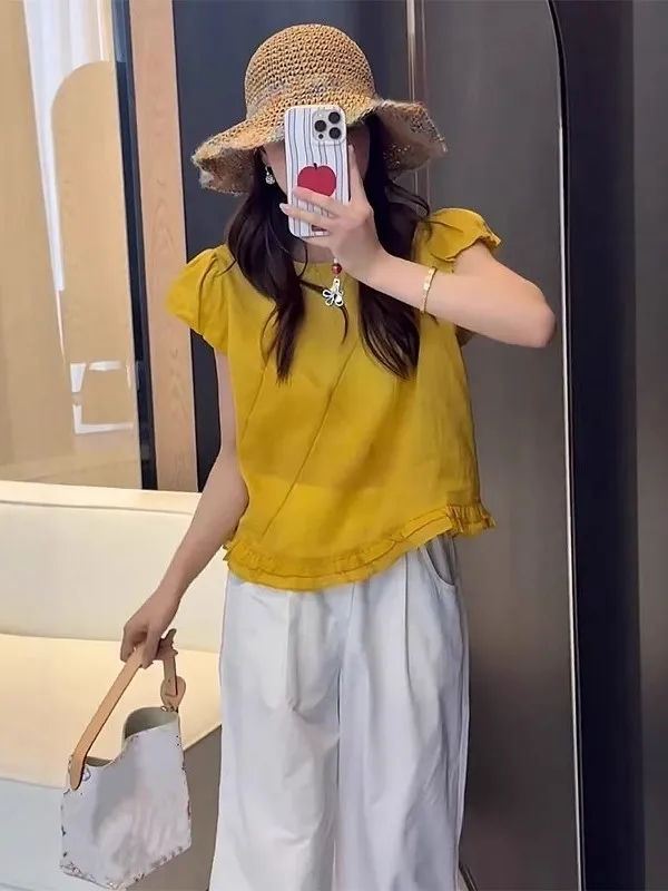 plus Size Fashionable Korean Style Shirt Women's Summer Slimming Short Sleeve Fly Sleeve Top Trendy Wooden Trim Casual Wear
plus Size Fashionable Korean Style Shirt Women's Summer Slimming Short Sleeve Fly Sleeve Top Trendy Wooden Trim Casual Wear