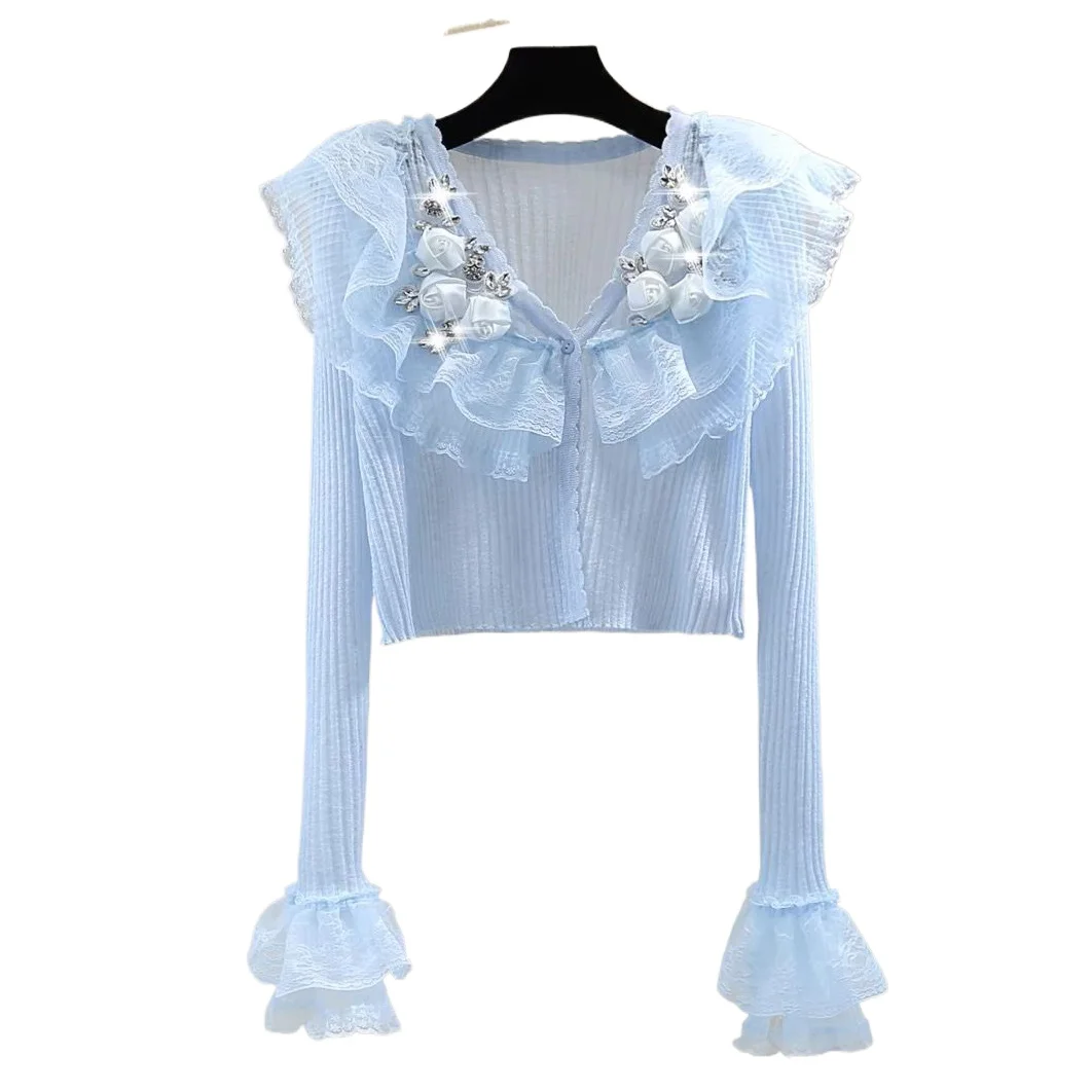 Women Lace Studded Diamond Flower Long Sleeved Thin Knit Shirt 2026 Summer Short Ice Silk Sunscreen Shirt
Women Lace Studded Diamond Flower Long Sleeved Thin Knit Shirt 2026 Summer Short Ice Silk Sunscreen Shirt
