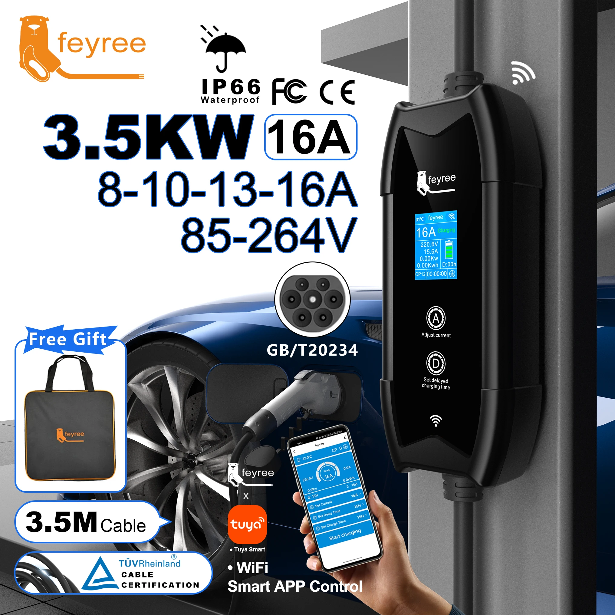 Feyree GB/T Портативное зарядное устройство для электромобилей Кабель 3,5 м с управлением через приложение Smart WIFI 16A 3,5 кВт Набор времени зарядки и время задержки для автомобилей электромобилей
Feyree GB/T Портативное зарядное устройство для электромобилей Кабель 3,5 м с управлением через приложение Smart WIFI 16A 3,5 кВт Набор времени зарядки и время задержки для автомобилей электромобилей