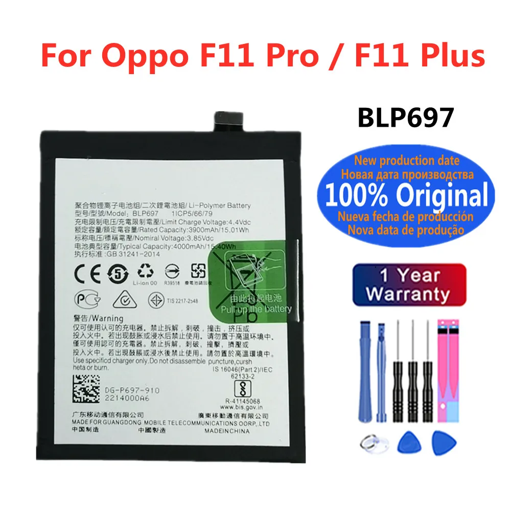 Оригинальный аккумулятор BLP697 4000 мАч для OPPO F11 Pro/F11 Plus CPH1969, аккумуляторы для мобильных телефонов
Оригинальный аккумулятор BLP697 4000 мАч для OPPO F11 Pro/F11 Plus CPH1969, аккумуляторы для мобильных телефонов