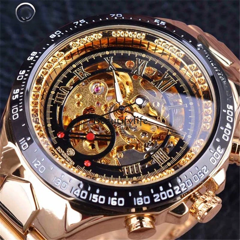 Mechanical watch men's personality fashion gold all-steel hollow manual mechanical watch
Mechanical watch men's personality fashion gold all-steel hollow manual mechanical watch
