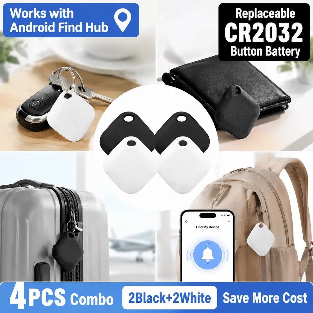Smart Tag 4 Pack Bluetooth Anti Lost Key Finder Works with Android Find Hub Replaceable CR2032 Battery for Keys Wallet Luggage
Smart Tag 4 Pack Bluetooth Anti Lost Key Finder Works with Android Find Hub Replaceable CR2032 Battery for Keys Wallet Luggage