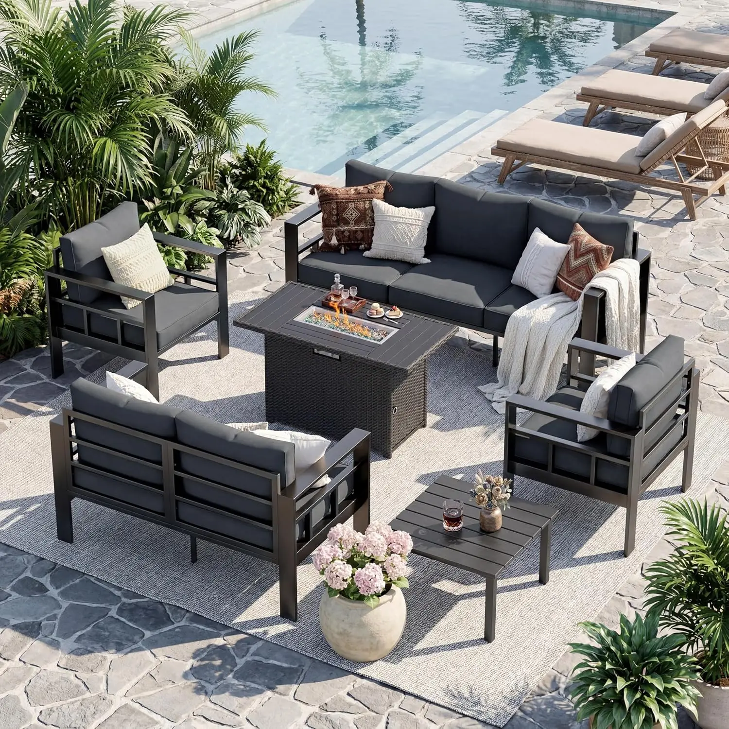 Aluminum Outdoor Furniture Set with Fire Pit Table, 6 Pieces All-Weather & UV-Resistant Patio Sectional Sofa Set, Customized
Aluminum Outdoor Furniture Set with Fire Pit Table, 6 Pieces All-Weather & UV-Resistant Patio Sectional Sofa Set, Customized