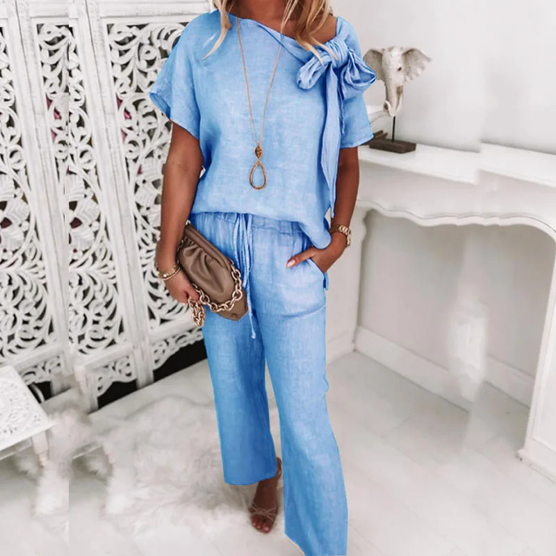 Fashion Bow Tie-up Solid Office Outfit Summer 2024 Short Sleeve Blouse Tops&Pockets Pants Set Elegant Cotton Linen Suit Women
Fashion Bow Tie-up Solid Office Outfit Summer 2024 Short Sleeve Blouse Tops&Pockets Pants Set Elegant Cotton Linen Suit Women