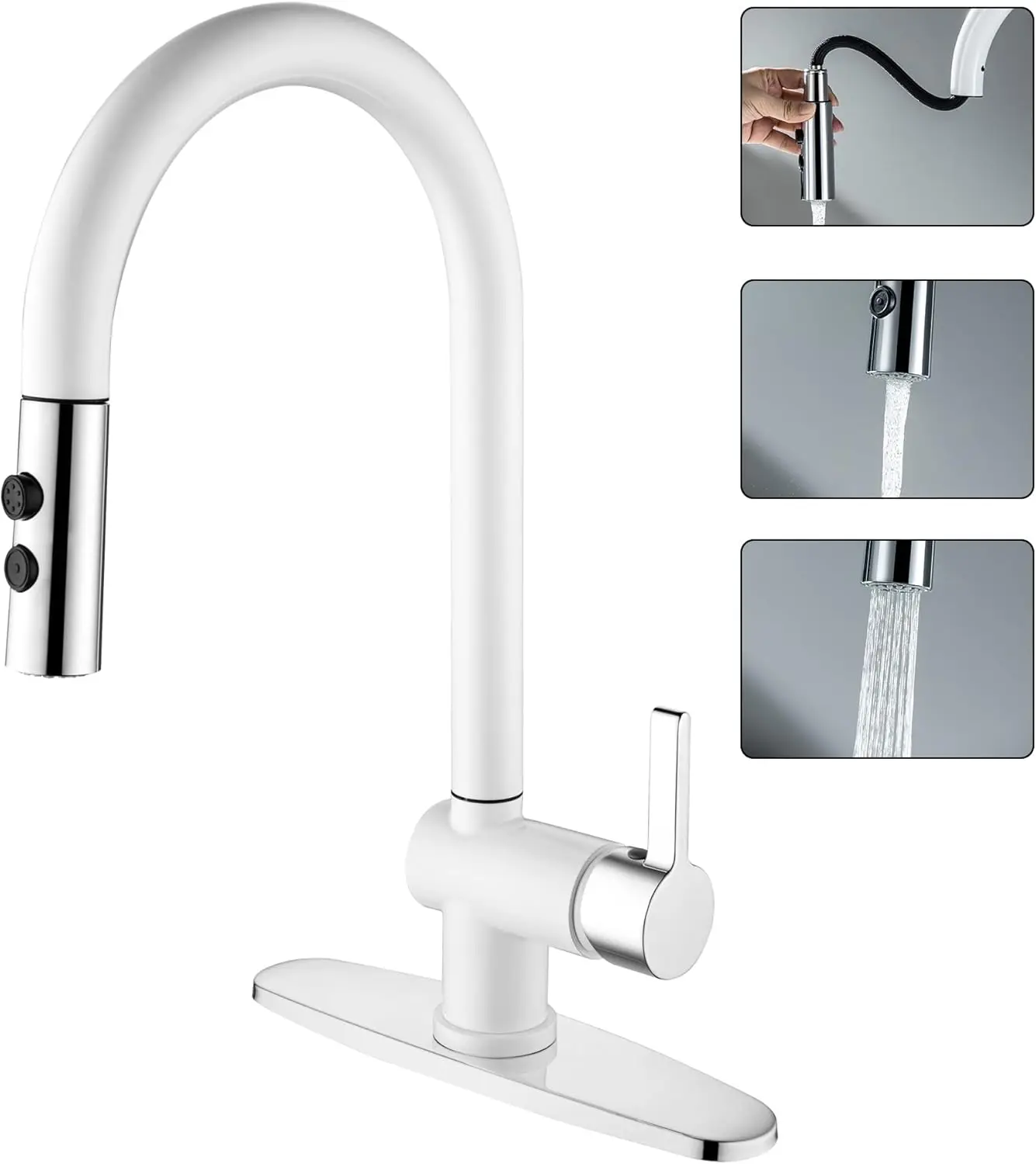 White Pull-Down Kitchen Faucet, 360° Swivel, Single Handle, for 1 or 3 Hole (High Arc)
White Pull-Down Kitchen Faucet, 360° Swivel, Single Handle, for 1 or 3 Hole (High Arc)