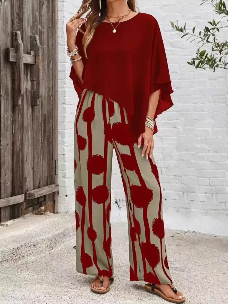 Summer Two Piece Set Printing Loose Casual Wide Leg Pants Loose Bat Short Sleeve Top Women Elastic High Waist Fashion Pants Set
Summer Two Piece Set Printing Loose Casual Wide Leg Pants Loose Bat Short Sleeve Top Women Elastic High Waist Fashion Pants Set