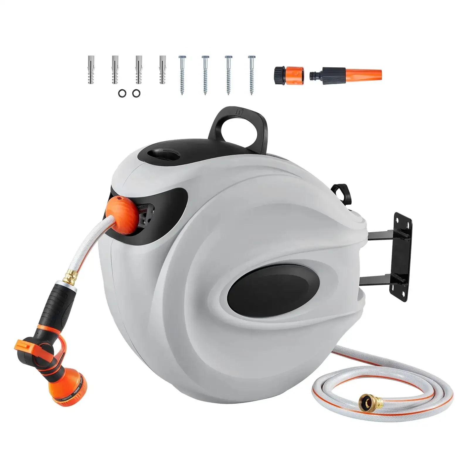 Retractable Hose Reel, 100 ft x 1/2 inch, 180° Swivel Bracket Wall-Mounted, Garden Water Hose Reel with 9-Pattern Nozzle
Retractable Hose Reel, 100 ft x 1/2 inch, 180° Swivel Bracket Wall-Mounted, Garden Water Hose Reel with 9-Pattern Nozzle