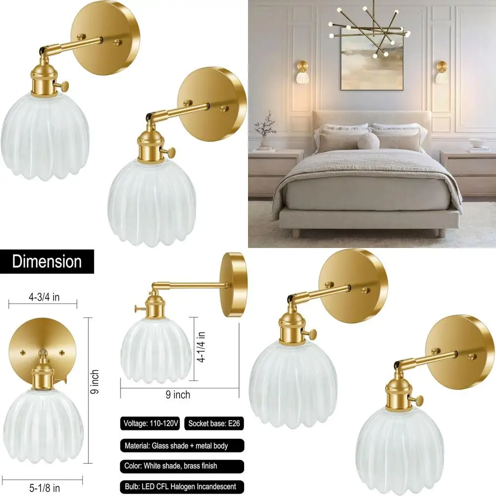 Modern Tulip Glass Wall Sconces with Brass Finish, Knob Switch, Hardwired, White Glass, 2-Pack for Home Decor
Modern Tulip Glass Wall Sconces with Brass Finish, Knob Switch, Hardwired, White Glass, 2-Pack for Home Decor