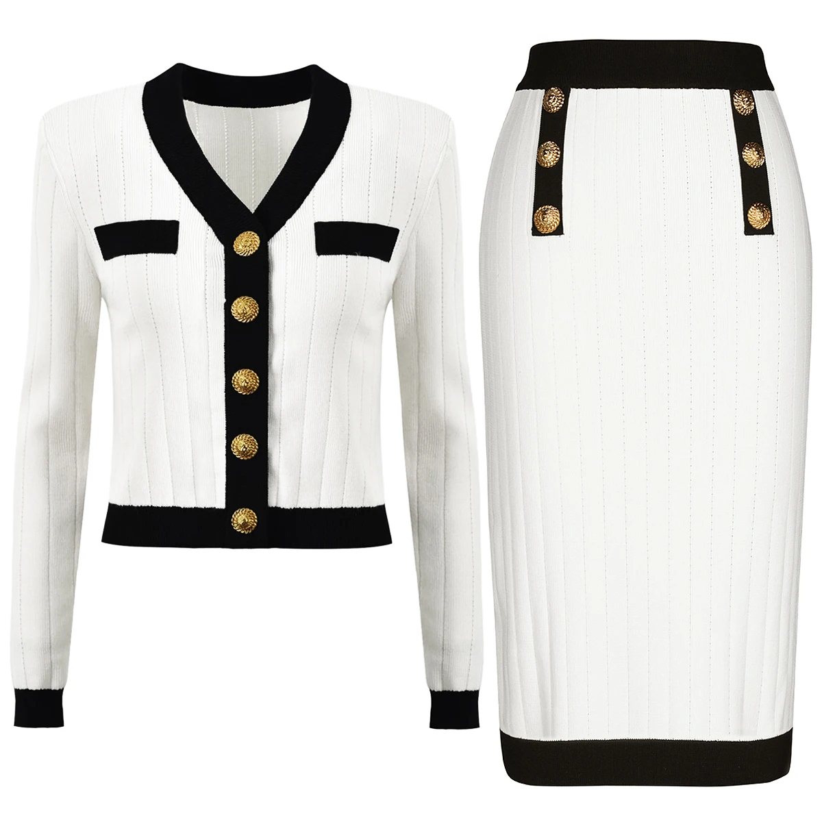 High Quality Autumn New Fashion Elastic Knitted V-neck Color Blocked Long Sleeved Cardigan Slim Fit Skirt Women's Set
High Quality Autumn New Fashion Elastic Knitted V-neck Color Blocked Long Sleeved Cardigan Slim Fit Skirt Women's Set