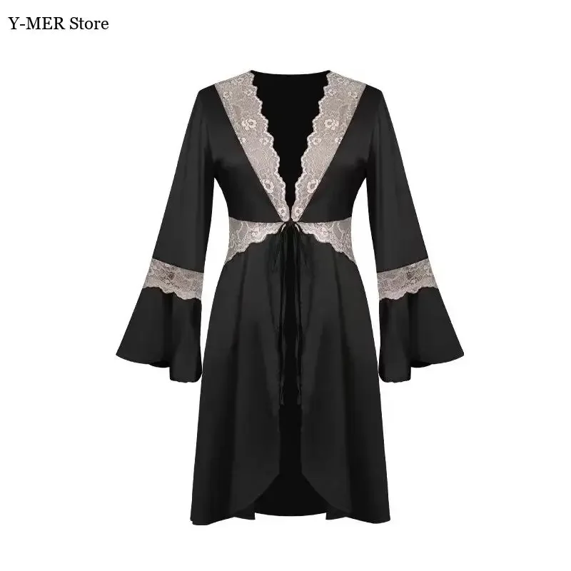 Black Lace Trim Robe Cardigan Dress Thin Satin Sleepwear Home Clothes Intimate Lingerie Nightwear Flare Sleeve Nightdress
Black Lace Trim Robe Cardigan Dress Thin Satin Sleepwear Home Clothes Intimate Lingerie Nightwear Flare Sleeve Nightdress