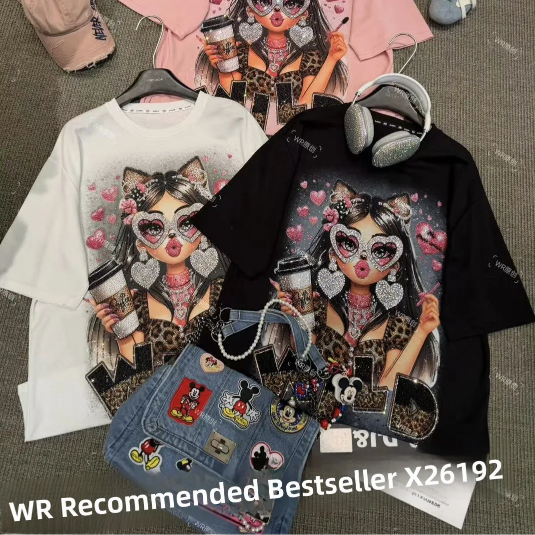 Sweet Cool Fashion Loose Long Short Sleeve T-Shirt Girls Heavy Work Rhinestone Heat Transfer Leopard Print Cotton round Neck
Sweet Cool Fashion Loose Long Short Sleeve T-Shirt Girls Heavy Work Rhinestone Heat Transfer Leopard Print Cotton round Neck