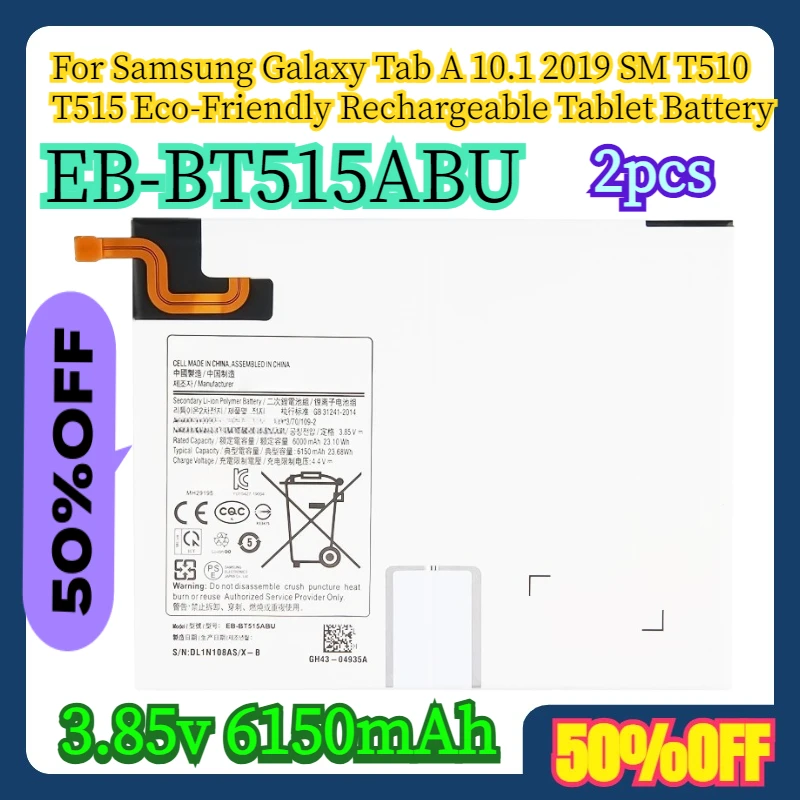 2pcs 3.85v 6150mAh For Samsung Galaxy Tab A 10.1 2019 SM T510 T515 EB-BT515ABU Eco-Friendly Rechargeable Tablet Battery
2pcs 3.85v 6150mAh For Samsung Galaxy Tab A 10.1 2019 SM T510 T515 EB-BT515ABU Eco-Friendly Rechargeable Tablet Battery