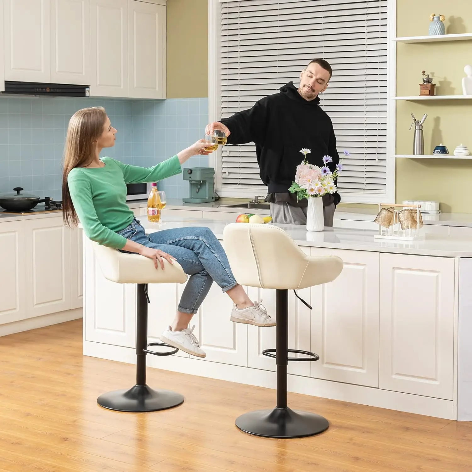 Swivel Bar Stools Set of 2, Adjustable Faux Leather Counter Height Bar Chairs with Back Support and Footrest, PU Upholstered
Swivel Bar Stools Set of 2, Adjustable Faux Leather Counter Height Bar Chairs with Back Support and Footrest, PU Upholstered