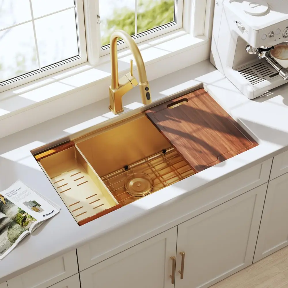Inch Gold Undermount Workstation Kitchen Sink 16 Gauge Stainless Steel Single Bowl Handmade Sinks with Ledge and Accessories 32
Inch Gold Undermount Workstation Kitchen Sink 16 Gauge Stainless Steel Single Bowl Handmade Sinks with Ledge and Accessories 32