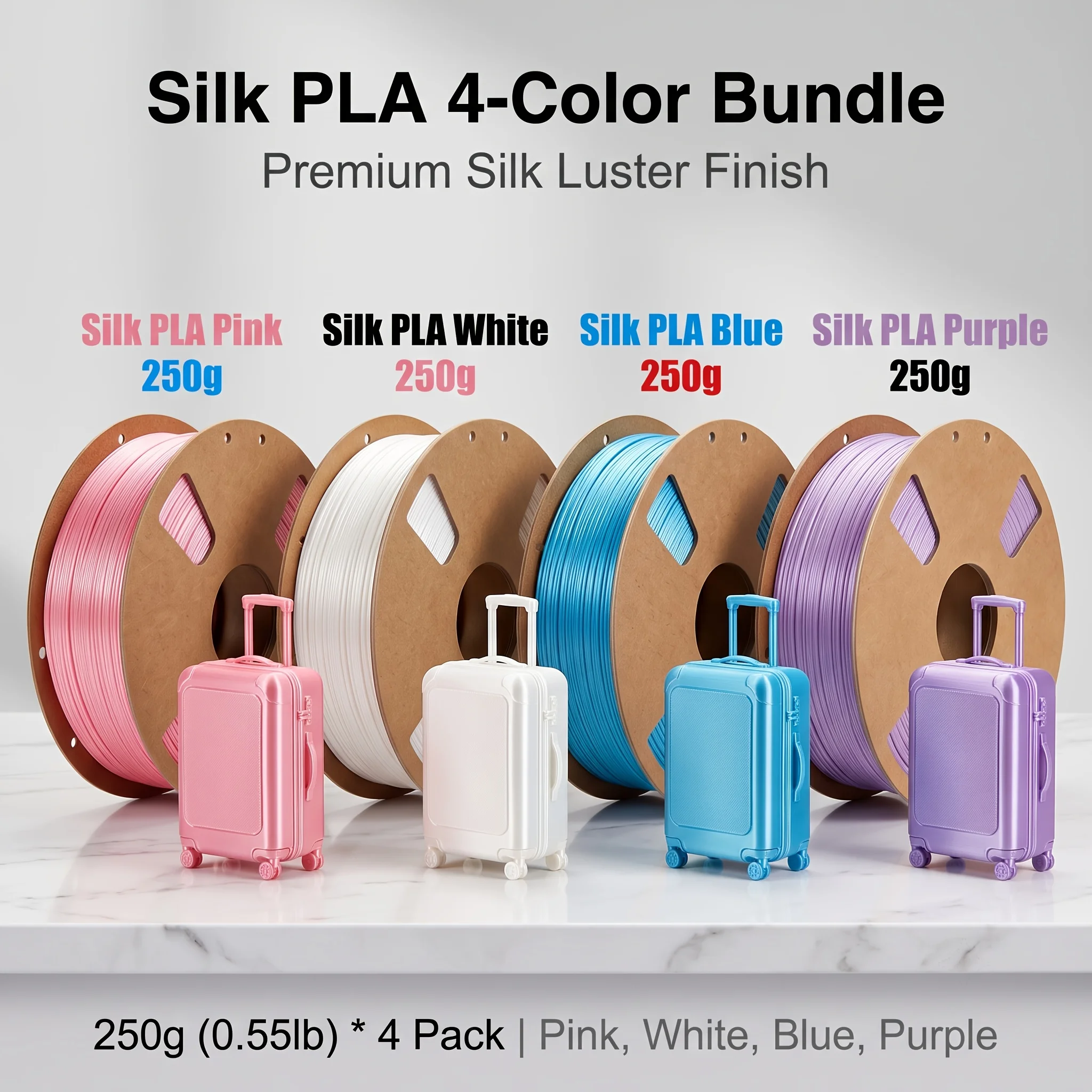 1.75mm Silk PLA 3D Printer Filament Bundle, Pink/Sky Blue/Konjac Purple/White, 200/250/500/1000g
1.75mm Silk PLA 3D Printer Filament Bundle, Pink/Sky Blue/Konjac Purple/White, 200/250/500/1000g