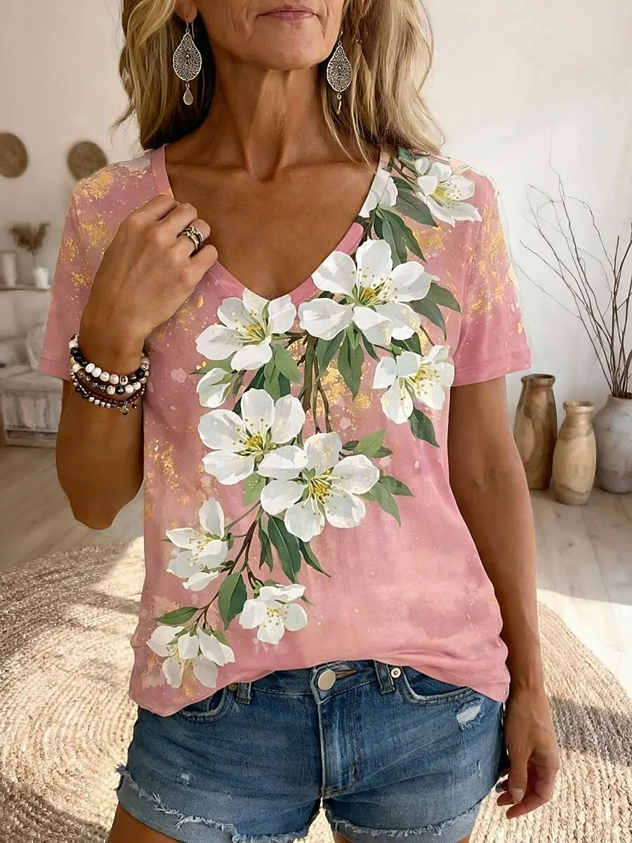 Women's Bohemian Floral Plant Print T-Shirt, Vintage V-Neck Short Sleeve Long Tops, Blue Pink Purple Green Khaki, Spring Summer
Women's Bohemian Floral Plant Print T-Shirt, Vintage V-Neck Short Sleeve Long Tops, Blue Pink Purple Green Khaki, Spring Summer