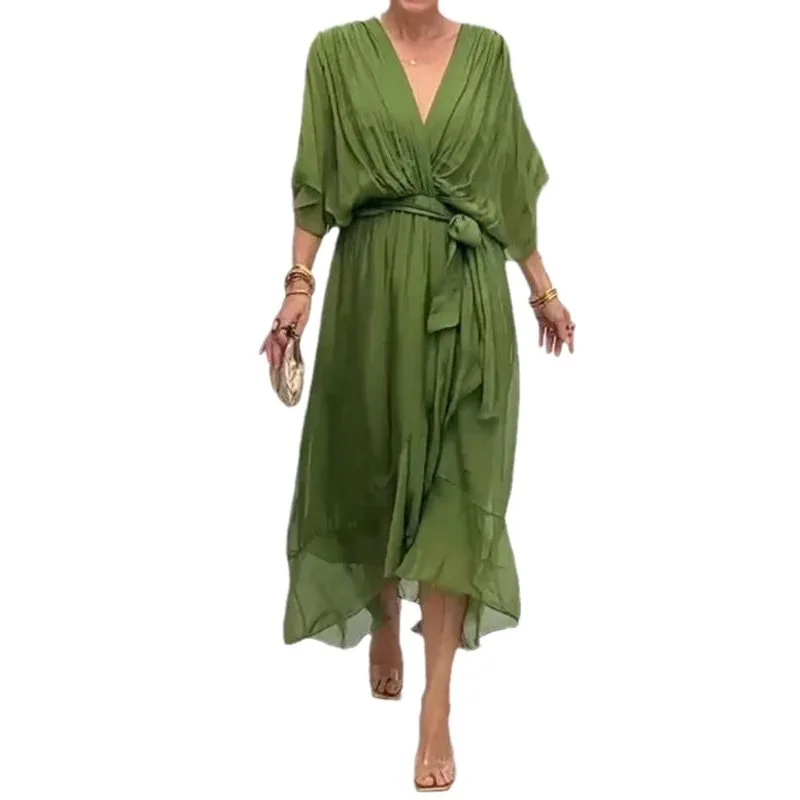  New Bat Sleeve Lace Up Long Sleeve Dress Women Solid Color Summer Fold V-neck Dress For Women 2025
New Bat Sleeve Lace Up Long Sleeve Dress Women Solid Color Summer Fold V-neck Dress For Women 2025