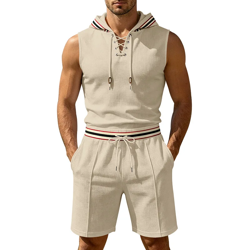 Cross-border men's waffle knitted sleeveless hooded set, summer contrasting color webbing casual two-piece set wholesale
Cross-border men's waffle knitted sleeveless hooded set, summer contrasting color webbing casual two-piece set wholesale