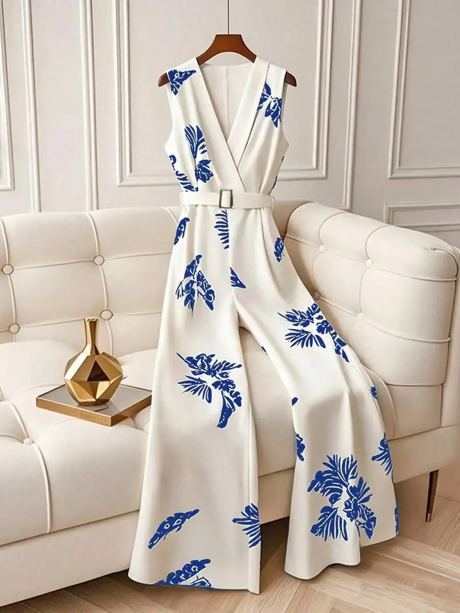 Sleeveless High Waist Wide Leg Pants With Blue Floral Print For Women
Sleeveless High Waist Wide Leg Pants With Blue Floral Print For Women
