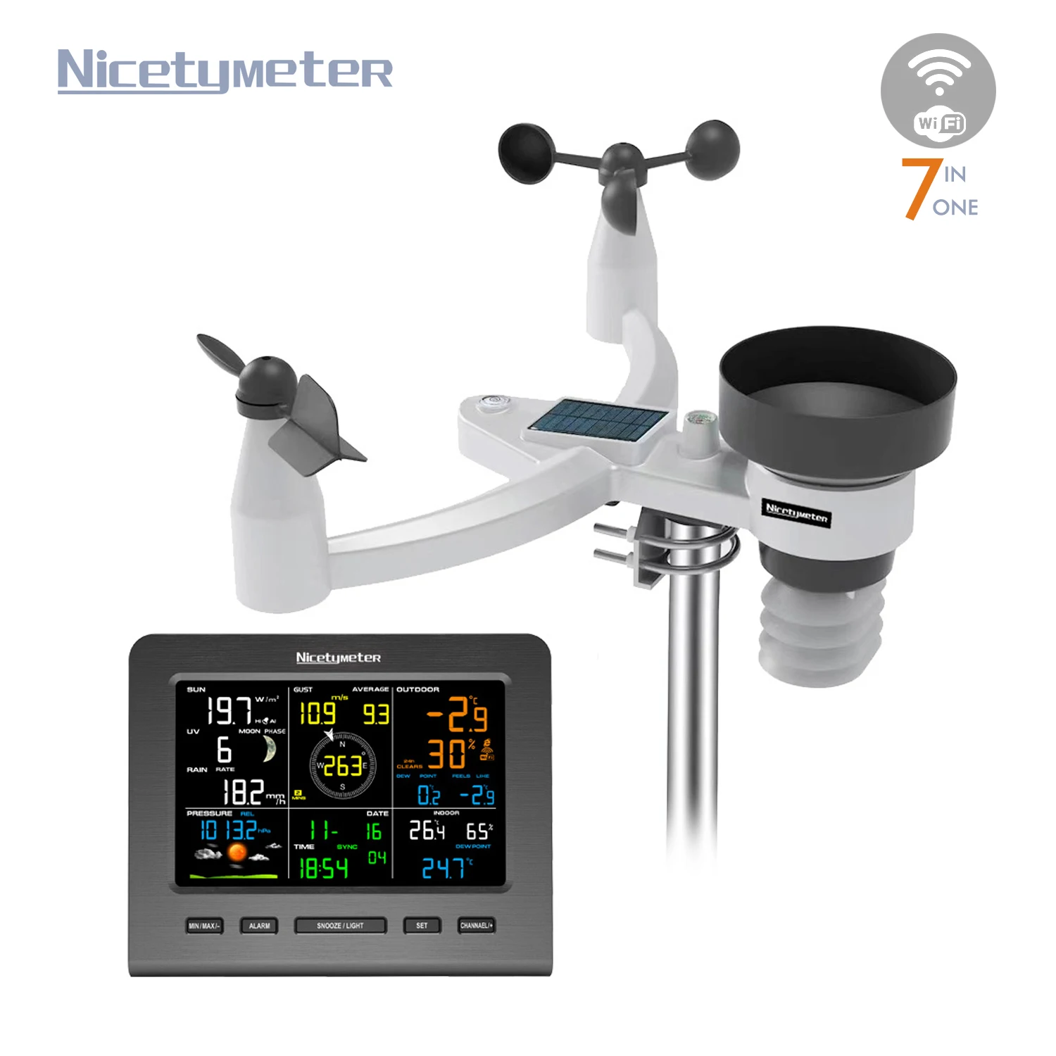 7-in-1 Wi-Fi Weather Station with Solar Indoor Outdoor Remote Monitoring System Temperature Humidity Wind Rain UV Color Console
7-in-1 Wi-Fi Weather Station with Solar Indoor Outdoor Remote Monitoring System Temperature Humidity Wind Rain UV Color Console