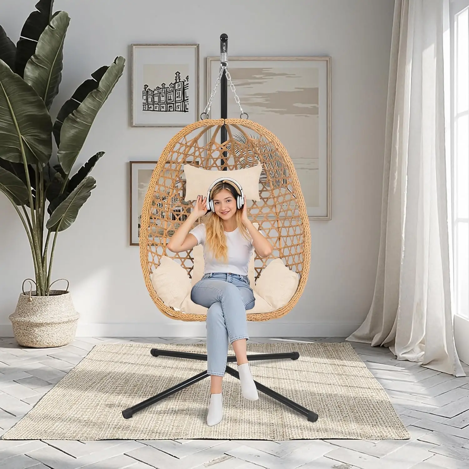 Hanging Egg Chair with Stand & Cushions - All-Weather Rattan Swing Chair for Patio, Balcony, Garden (Modern Boho, Customized
Hanging Egg Chair with Stand & Cushions - All-Weather Rattan Swing Chair for Patio, Balcony, Garden (Modern Boho, Customized