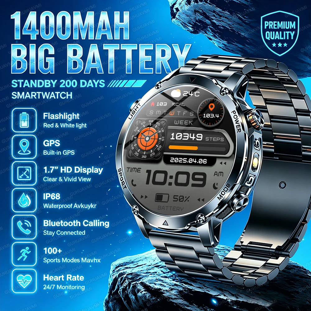 2026 New 1.7 inches SmartWatch Military Grade Durability 1400mah Battery HD Call IP68 Waterproof GPS Flashlight Sport Watch Men
2026 New 1.7 inches SmartWatch Military Grade Durability 1400mah Battery HD Call IP68 Waterproof GPS Flashlight Sport Watch Men