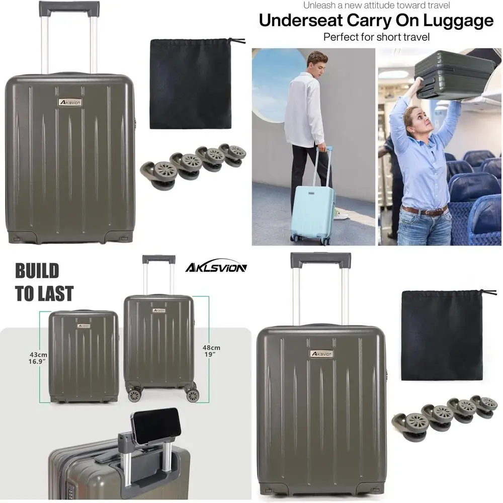 Compact 18 Wheeled Carry-On with TSA Lock, Under-Seat Fit, Hard Shell, Lightweight, and Essentials in Greenish Grey
Compact 18 Wheeled Carry-On with TSA Lock, Under-Seat Fit, Hard Shell, Lightweight, and Essentials in Greenish Grey