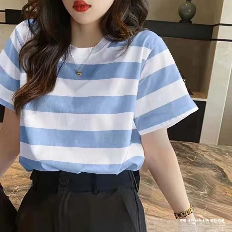 Summer Style Loose-fit Round Neck Short Sleeve Striped Pullover Casual Versatile Round Neck Slim Fit T-shirt Base Layer Shirt
Summer Style Loose-fit Round Neck Short Sleeve Striped Pullover Casual Versatile Round Neck Slim Fit T-shirt Base Layer Shirt