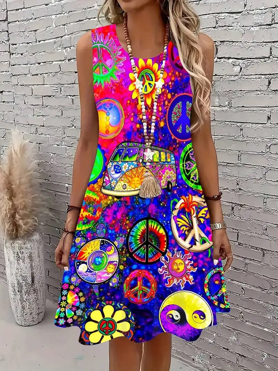 Sleeveless Boho Dress Multicolor Peace Sign Tie Dye Flower Van Print For Leisure
Sleeveless Boho Dress Multicolor Peace Sign Tie Dye Flower Van Print For Leisure
