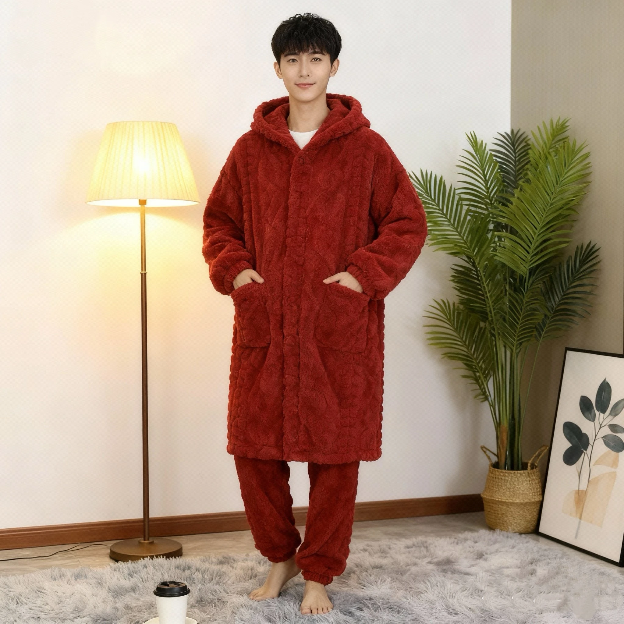 Conjunto de Pijama con Capucha para Hombre, Forrado de Felpa, Grueso, de Longitud Media, Ropa de Casa Informal de Terciopelo ... Conjunto de Pijama con Capucha para Hombre, Forrado de Felpa, Grueso, de Longitud Media, Ropa de Casa Informal de Terciopelo ...
