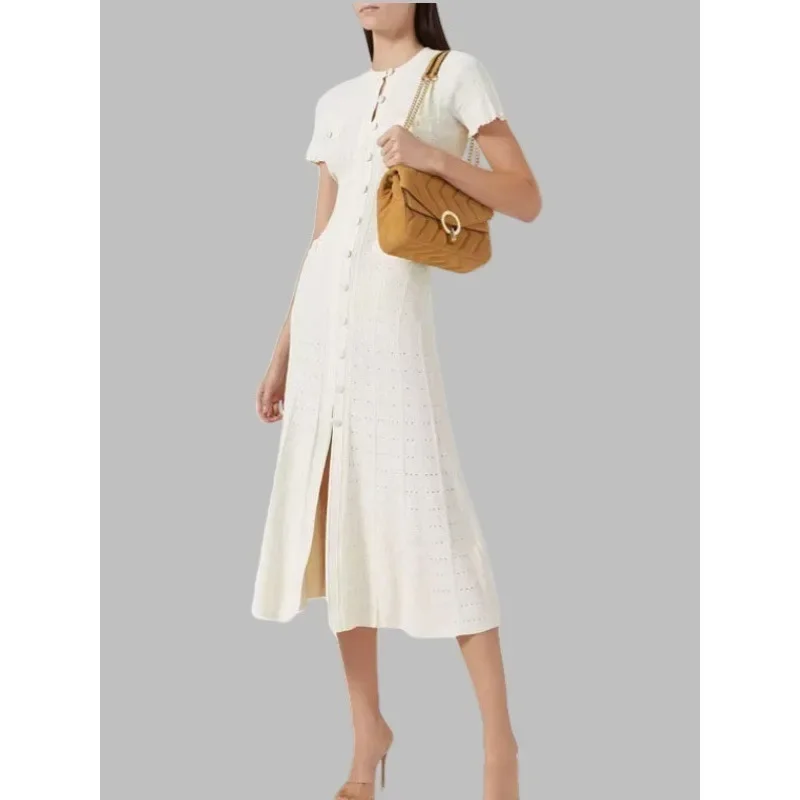 Women's Round Neck Short Sleeved Single Breasted Design Long Skirt 2026 Spring/Summer New Slim Fit Hollow Lace Sleeve Dress
Women's Round Neck Short Sleeved Single Breasted Design Long Skirt 2026 Spring/Summer New Slim Fit Hollow Lace Sleeve Dress