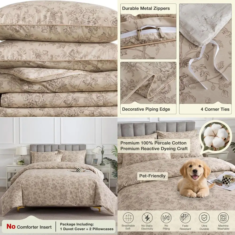 Queen Size Cotton Percale Duvet Cover Set - Beige Floral Shabby Chic Pattern, 3-Piece Reversible Bedding
Queen Size Cotton Percale Duvet Cover Set - Beige Floral Shabby Chic Pattern, 3-Piece Reversible Bedding