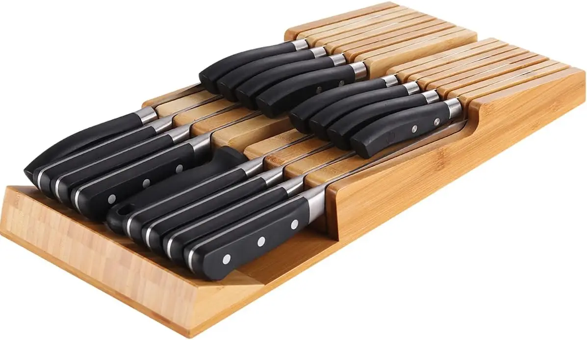 Bamboo In-Drawer Knife Block Set for 16 Knives(Not Included), Large Kitchen Detachable Washable
Bamboo In-Drawer Knife Block Set for 16 Knives(Not Included), Large Kitchen Detachable Washable