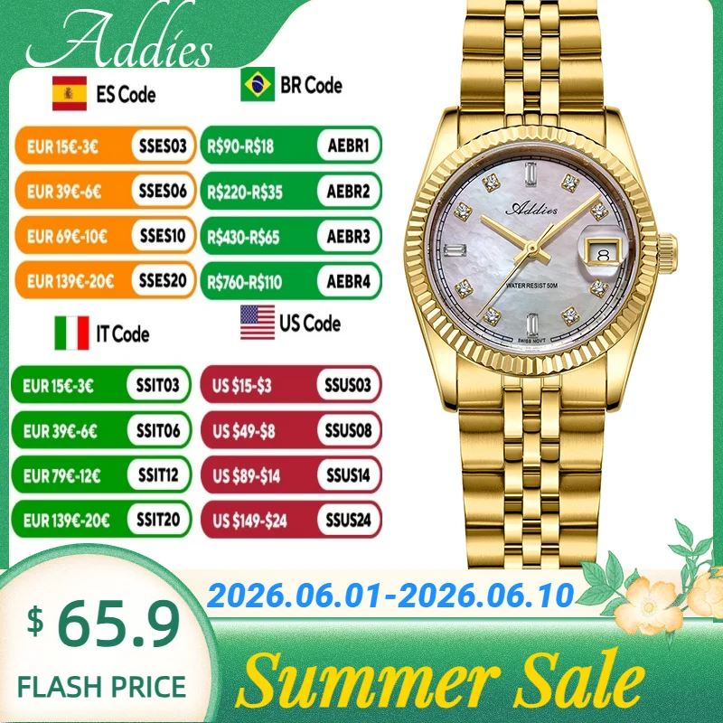 Addies Waterproof Mother of Pearl Dial Date Display Women's Quartz Watch Czech rhinestones Sapphire Glass Fashion Wristwatches
Addies Waterproof Mother of Pearl Dial Date Display Women's Quartz Watch Czech rhinestones Sapphire Glass Fashion Wristwatches