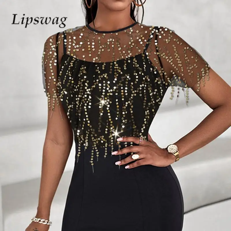 Elegant Ladies O Neck Mesh Patchwork Midi Dress Fashion Sequin Tassel Bodycon Dress Summer Ladies Short Sleeve Fishtail Dresses
Elegant Ladies O Neck Mesh Patchwork Midi Dress Fashion Sequin Tassel Bodycon Dress Summer Ladies Short Sleeve Fishtail Dresses