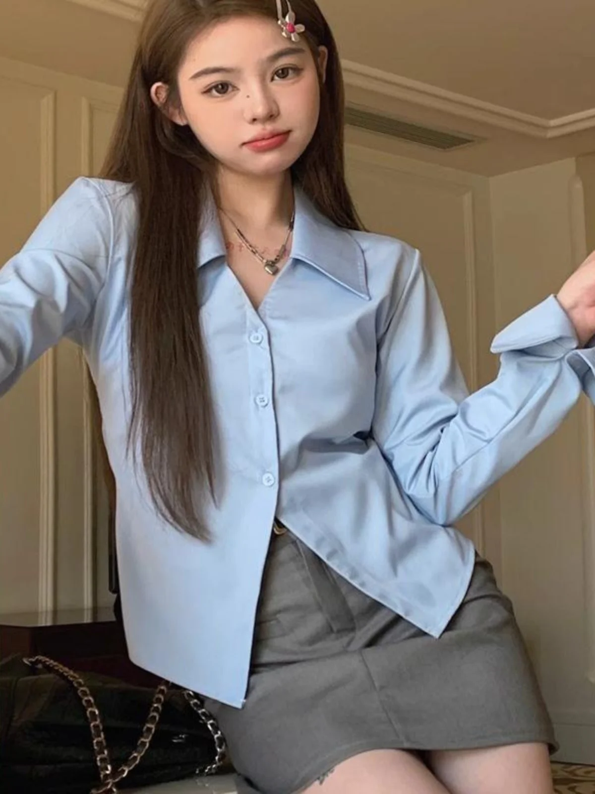 Blue V-Ne Waist-Cut irt Women's Faion Design Sensation Small ence Early Autumn Trendy Women's irt Dr Zhuo Brand
Blue V-Ne Waist-Cut irt Women's Faion Design Sensation Small ence Early Autumn Trendy Women's irt Dr Zhuo Brand