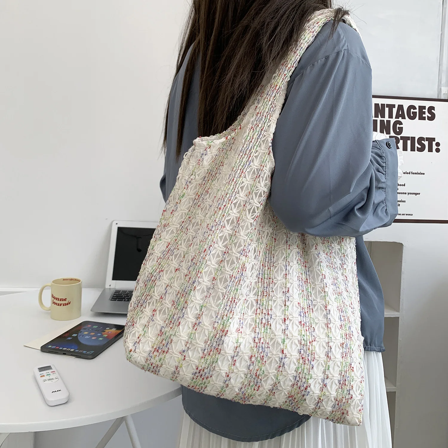 Neon Color Knitted Canvas Tote Bag for Women, Large Capacity Casual Shoulder Bag Fashion Commute School Bag for College Students Neon Color Knitted Canvas Tote Bag for Women, Large Capacity Casual Shoulder Bag Fashion Commute School Bag for College Students