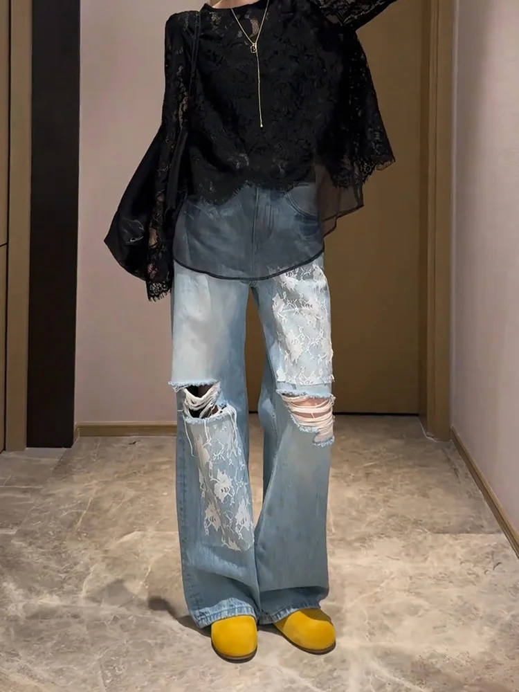 Retro American Design Hole Denim Jeans Women Sexy Lace Patchwork Wide Leg Floor-Length Pants High Waist Straight Leg Jeans
Retro American Design Hole Denim Jeans Women Sexy Lace Patchwork Wide Leg Floor-Length Pants High Waist Straight Leg Jeans